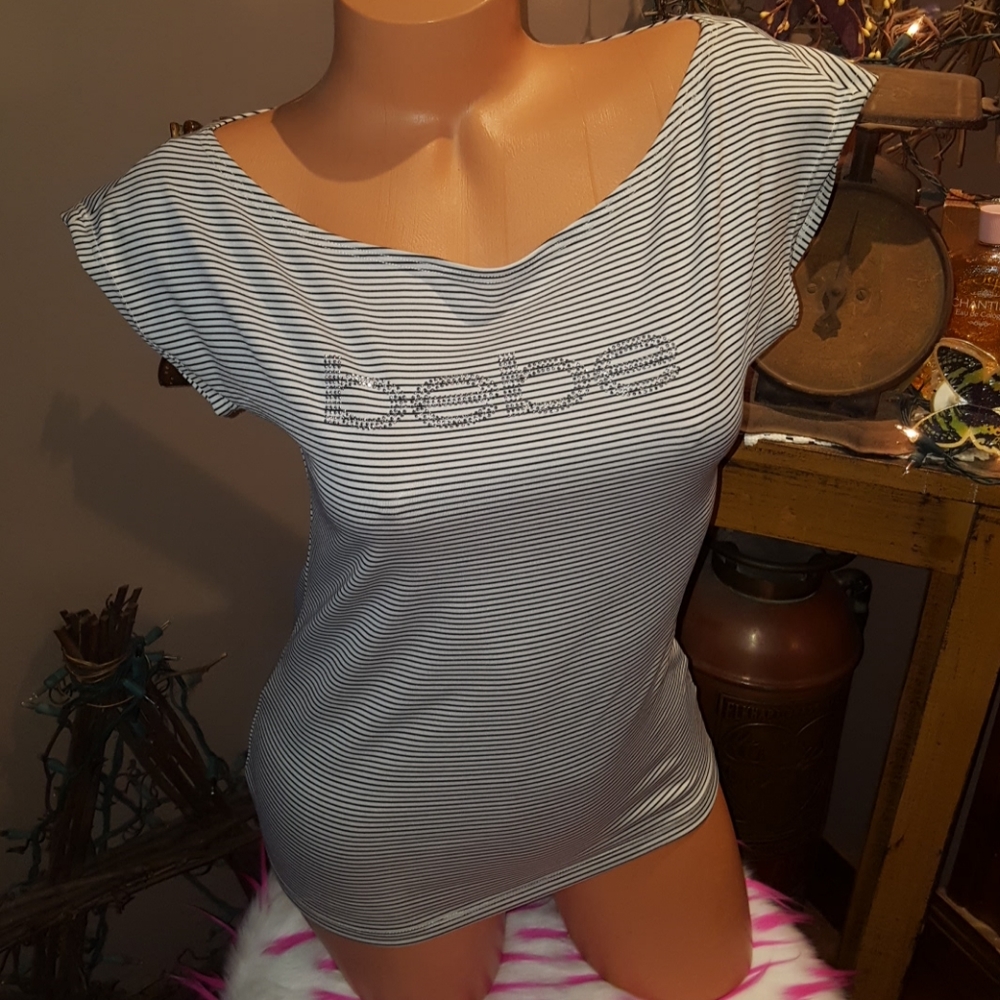 Bebe rhinestone logo striped top M